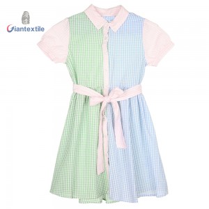 Girls’ Plaid Seersucker Dress with Belt for Spring/Summer – Colorful Checkered Design-Short Sleeves-Bowknot Detailing