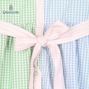 Girls’ Plaid Seersucker Dress with Belt for Spring/Summer – Colorful Checkered Design-Short Sleeves-Bowknot Detailing