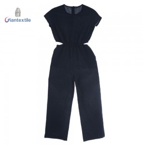Girl’s Navy Blue Jumpsuit with Cut-Out Design and Elastic Waistband Polyester Cotton Short Sleeve Jumpsuit for Summer Wear
