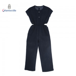 Girl’s Navy Blue Jumpsuit with Cut-Out Design and Elastic Waistband Polyester Cotton Short Sleeve Jumpsuit for Summer Wear