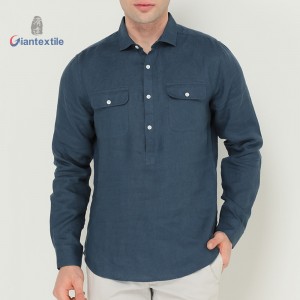 Men’s Blue Linen Half Button Down Shirt-Long Sleeve with Pockets