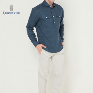 Men’s Blue Linen Half Button Down Shirt-Long Sleeve with Pockets