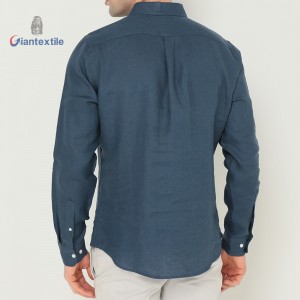 Men’s Blue Linen Half Button Down Shirt-Long Sleeve with Pockets