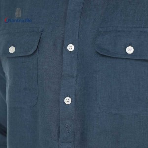 Men’s Blue Linen Half Button Down Shirt-Long Sleeve with Pockets