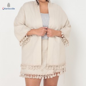 Plus Size Women’s Kimono Cardigan with Tassel Trim Linen Viscose Beige Flowy Flirty by Giantextile