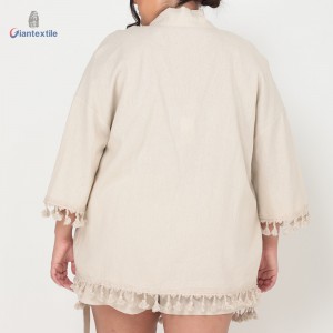 Plus Size Women’s Kimono Cardigan with Tassel Trim Linen Viscose Beige Flowy Flirty by Giantextile