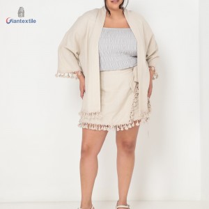 Plus Size Women’s Kimono Cardigan with Tassel Trim Linen Viscose Beige Flowy Flirty by Giantextile