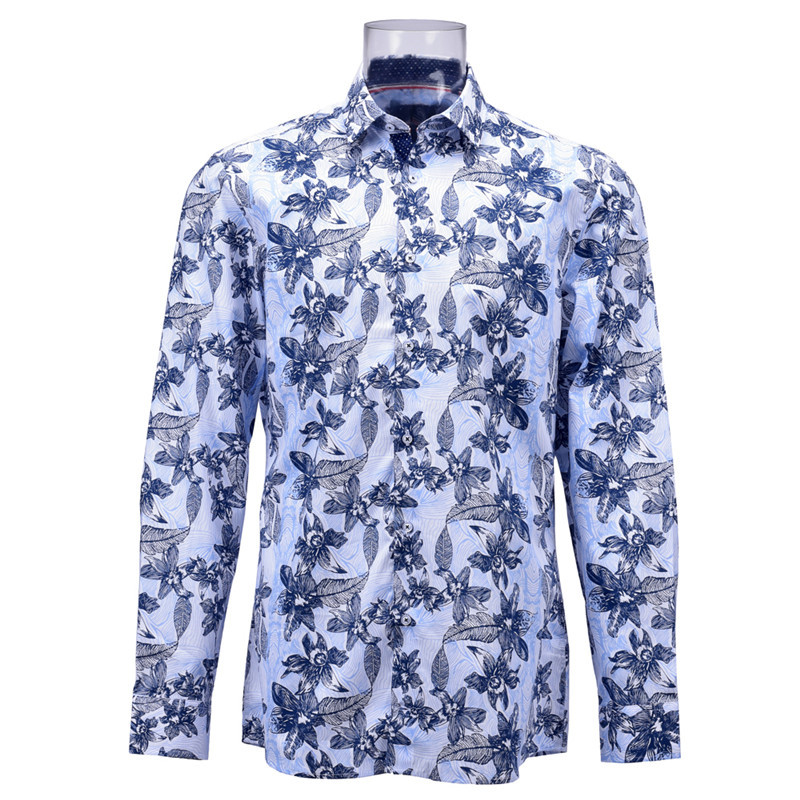 Men’s Print Shirt 100% Cotton Long Sleeve Light Blue Floral Normal ...