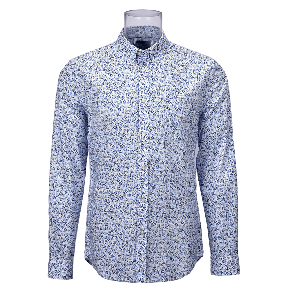 Men’s Long Sleeve Blue Floral Print Shirt With Sustainable 100% BCI ...